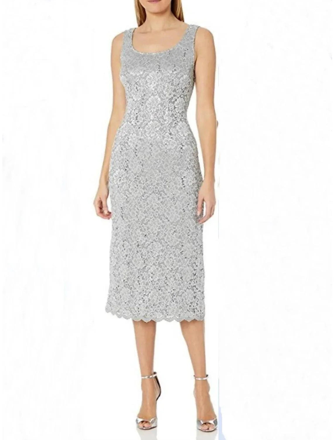 Vestido de duas peças para mãe da noiva, convidada de casamento, minimalista, elegante, decote redondo, comprimento chá, renda, manga 3/4, com racha frontal