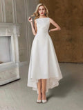 Hall Little White Dresses Brautkleider A-Linie U-Ausschnitt Ärmellos Tee Länge Satin Brautkleider Mit Falten Einfarbig