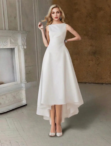 Hall Little White Dresses Brautkleider A-Linie U-Ausschnitt Ärmellos Tee Länge Satin Brautkleider Mit Falten Einfarbig