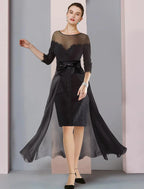 Vestido de mãe da noiva de duas peças, estilo coluna, formal, para convidada de casamento, elegante, destacável, decote redondo, comprimento até ao joelho, chiffon, renda, manga 3/4 com apliques de laço(s)