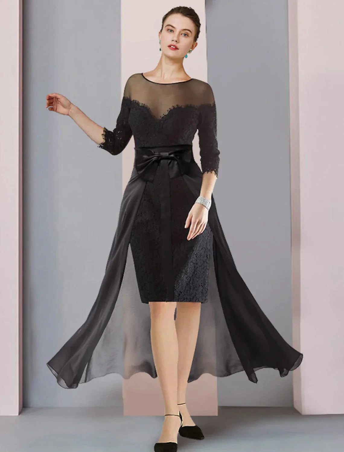 Vestido de mãe da noiva de duas peças, estilo coluna, formal, para convidada de casamento, elegante, destacável, decote redondo, comprimento até ao joelho, chiffon, renda, manga 3/4 com apliques de laço(s)