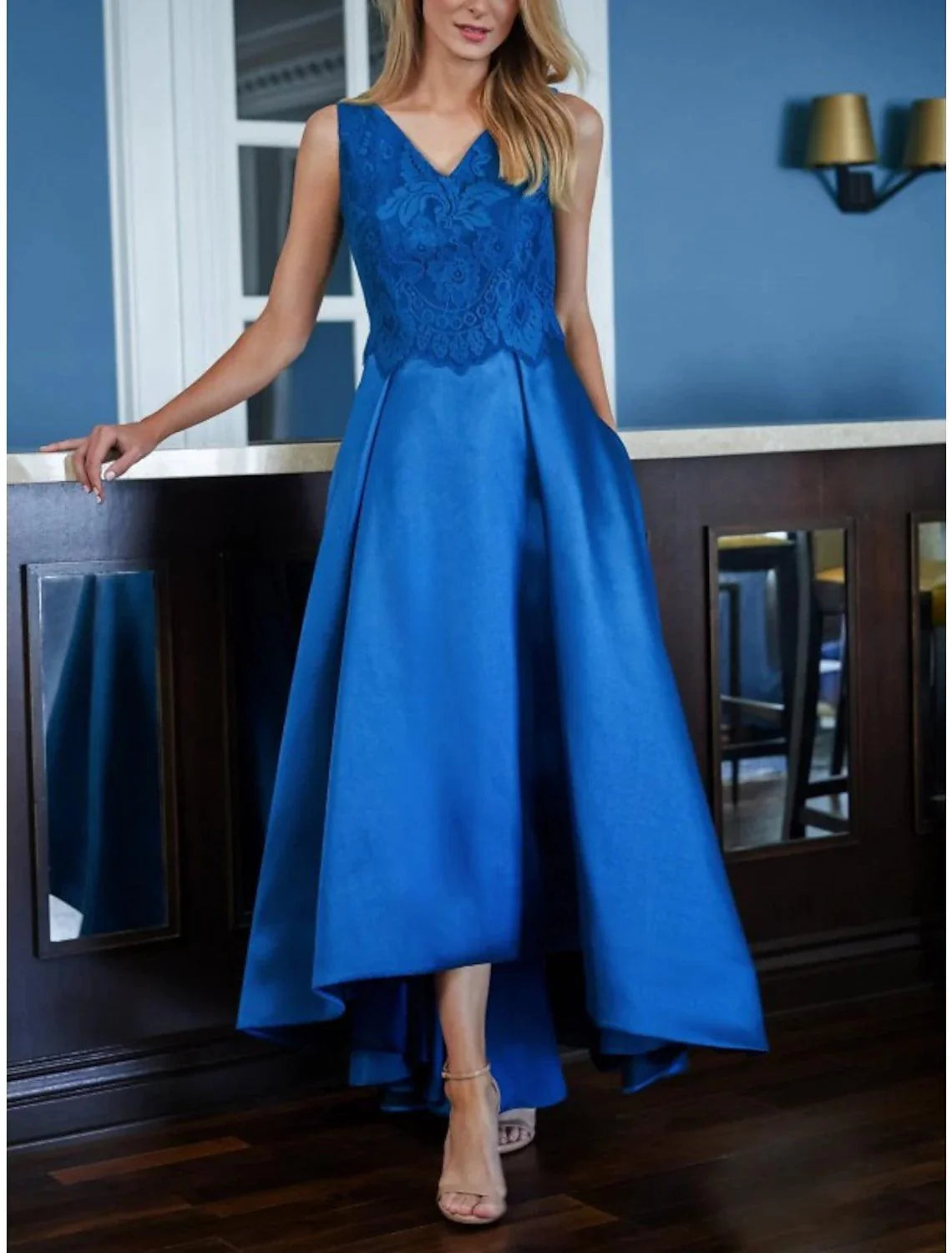 Vestido de mãe da noiva em duas peças, corte A, para convidados de casamento, festa, vintage, elegante, decote em V, assimétrico, cetim, renda, meia manga com pregas, cor sólida