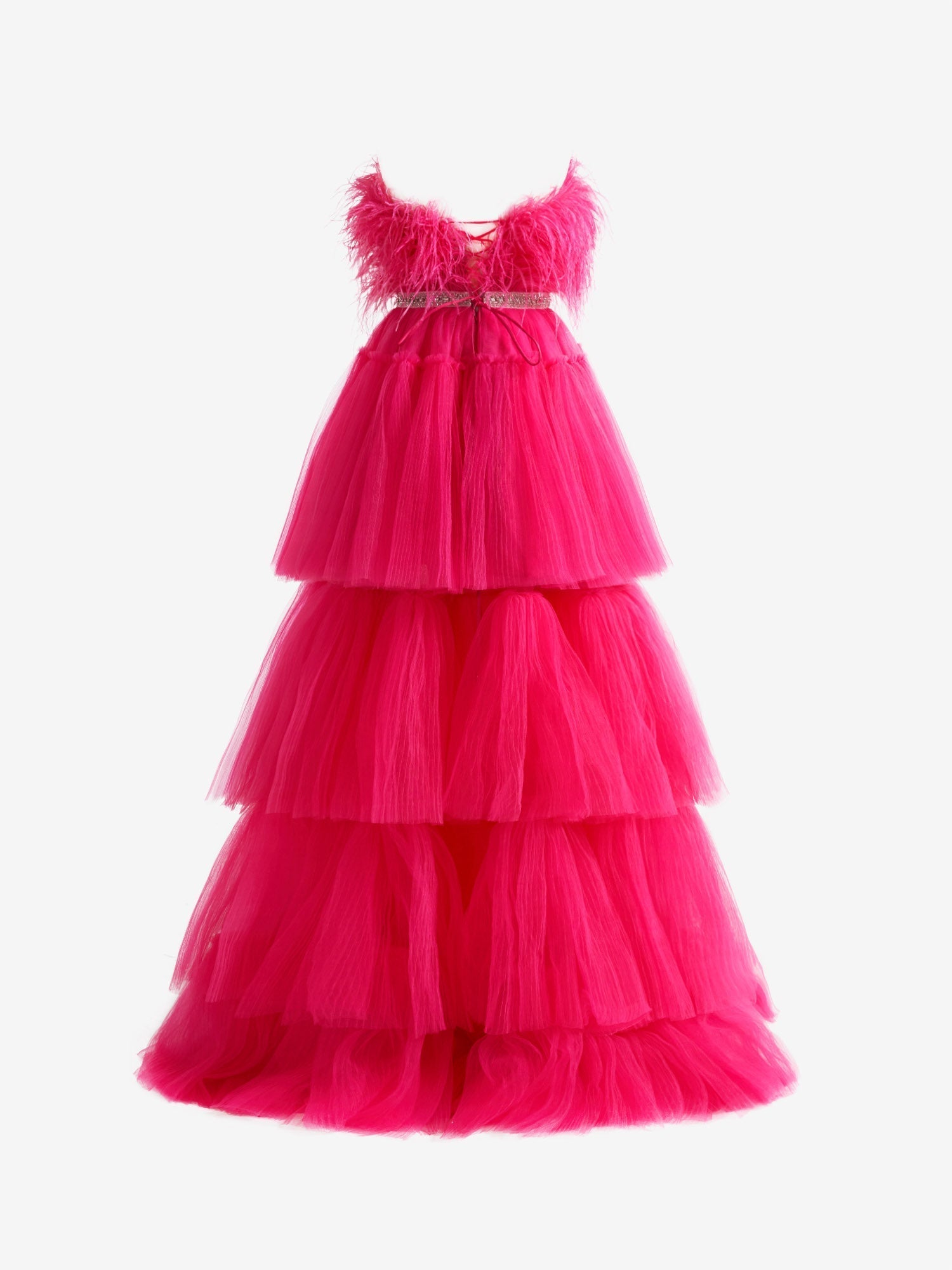 Marie| A-line High-Low Strapless Ruffled Tulle Prom Dress with Feathers