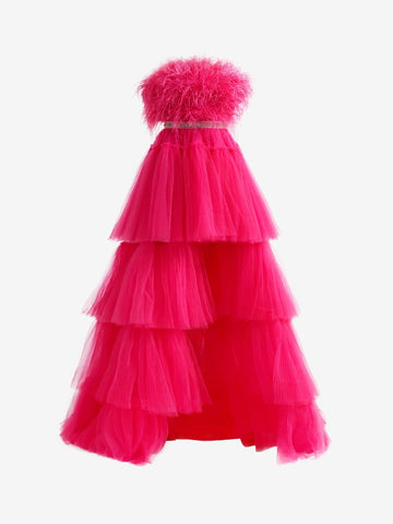 Marie| A-line High-Low Strapless Ruffled Tulle Prom Dress with Feathers
