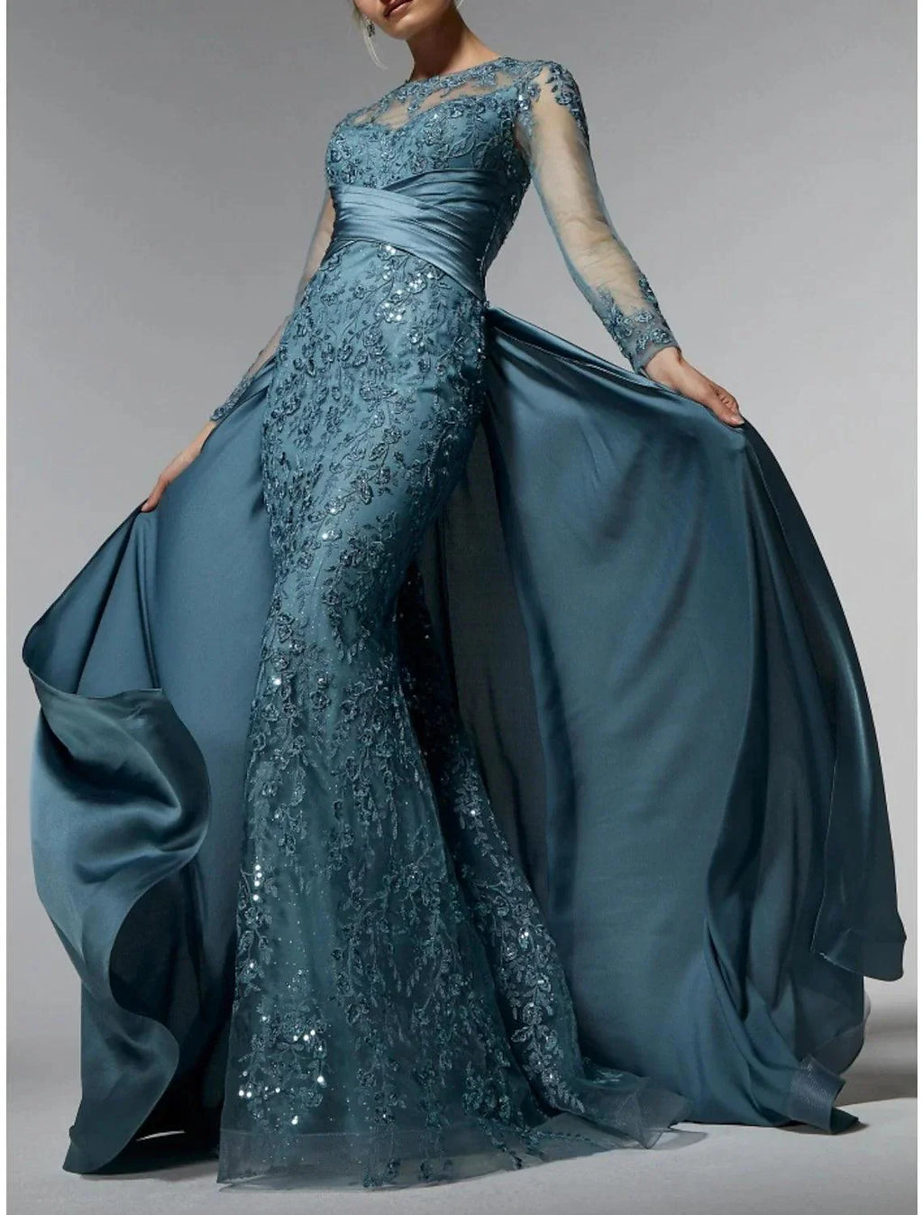 Vestido para mãe da noiva, convidada de casamento, elegante, decote em joia, cauda comprida em cetim elástico com renda e lantejoulas