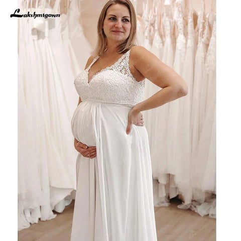 Vestidos de noiva de chiffon para grávidas, 2025, decote em V, boémio, com cauda longa, elegante e simples, robe de mariage 