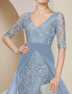 Vestido de mãe da noiva com bainha/coluna, para convidada de casamento formal, elegante, decote em V, comprimento até ao joelho, chiffon, renda, meia manga com aplicações
