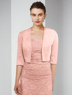 Zweiteiliges Etuikleid/Säulenkleid für die Mutter der Braut, formelle Hochzeitsgäste, elegantes, quadratisches Halskleid, bodenlanges Satin-Spitzenkleid mit halben Ärmeln und einfarbiger Jacke