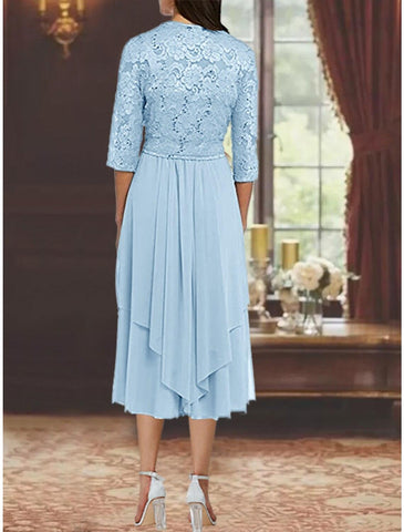 Zweiteiliges A-Linien-Kleid für die Mutter der Braut, formelle Hochzeitsgäste, eleganter quadratischer Ausschnitt, knielang, Chiffon-Spitze, 3/4-Ärmel, Wickelkleid inklusive, mit Falten