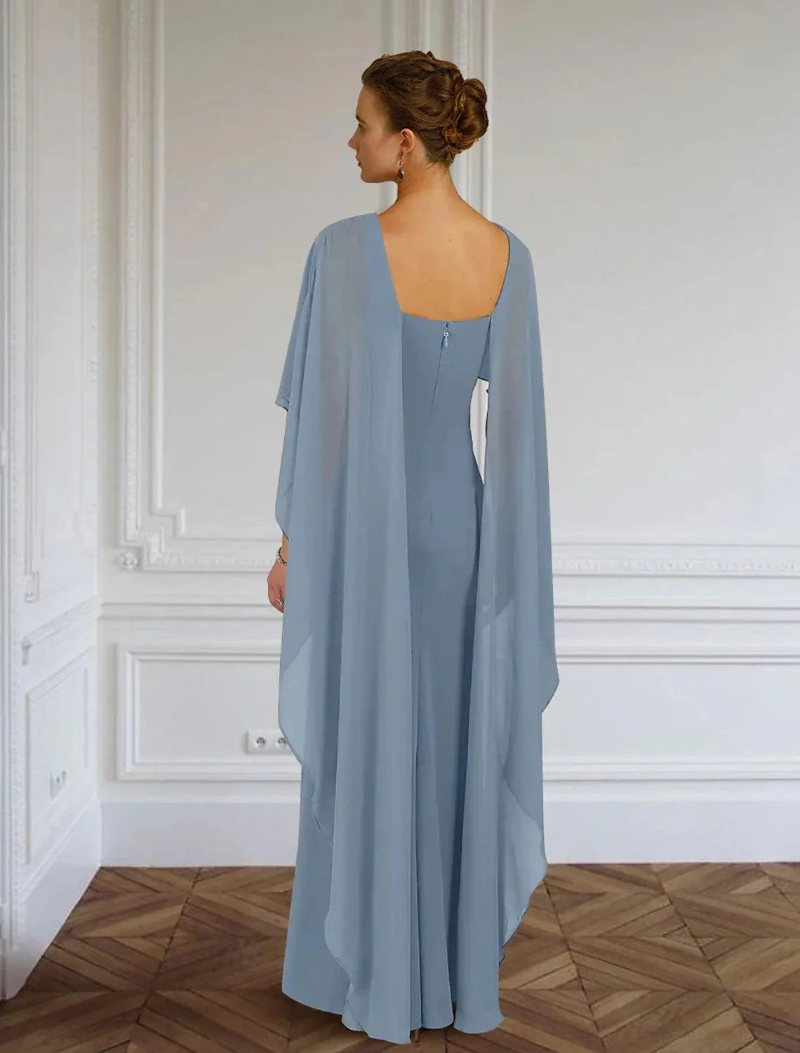 Vestido tubinho/coluna para mãe da noiva, convidada formal para casamento, elegante, simples, decote em joia, comprimento até ao chão, chiffon, sem mangas, com drapeado lateral, cor sólida