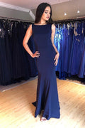 Meerjungfrau-Bateau-Ausschnitt, rückenfrei, Sweep-Schleppe, marineblau, Ball-/Abendkleid PG979