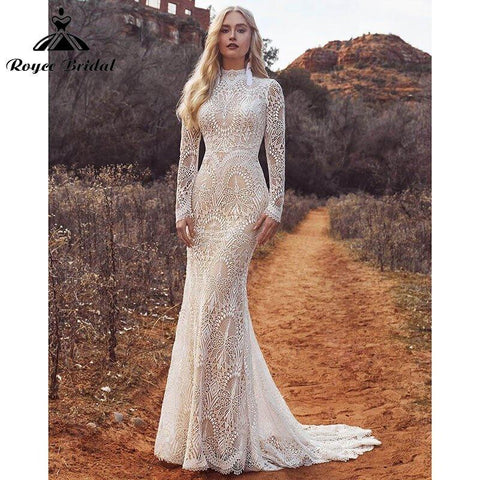 Meerjungfrau Boho Strand Brautkleider mit Rückenknöpfen Spitze High Neck Blumendruck Langarm Vestidos De Novia NumberSea 2025