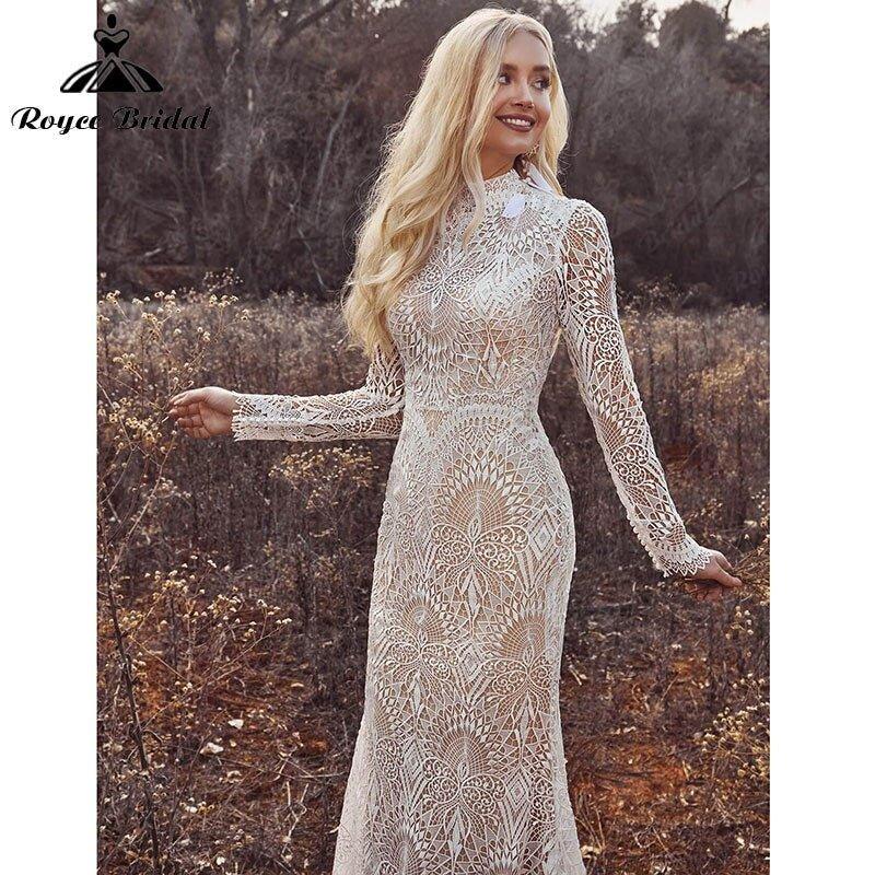 Mermaid Boho Beach Wedding Dresses with Back Buttons Lace High Neck Floral Print Long Sleeve Vestidos De Novia NumberSea 2025