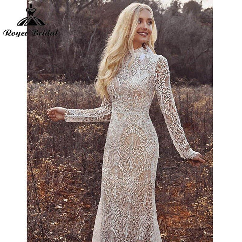 Meerjungfrau Boho Strand Brautkleider mit Rückenknöpfen Spitze High Neck Blumendruck Langarm Vestidos De Novia NumberSea 2025