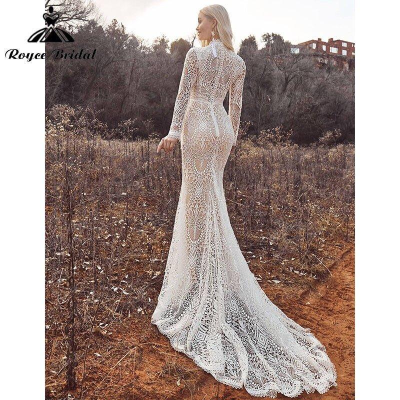 Mermaid Boho Beach Wedding Dresses with Back Buttons Lace High Neck Floral Print Long Sleeve Vestidos De Novia NumberSea 2025