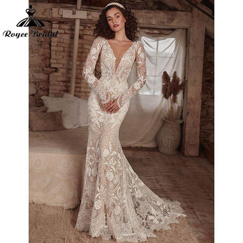 Vestido de noiva estilo sereia, estilo boho, estilo boémio, com camisola de alças amovível, manga comprida, renda, decote em V profundo, costas nuas, robe de mariée 2022