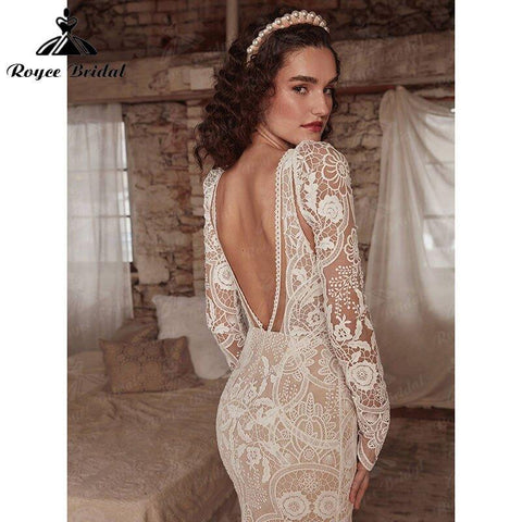 Vestido de noiva estilo sereia, estilo boho, estilo boémio, com camisola de alças amovível, manga comprida, renda, decote em V profundo, costas nuas, robe de mariée 2022