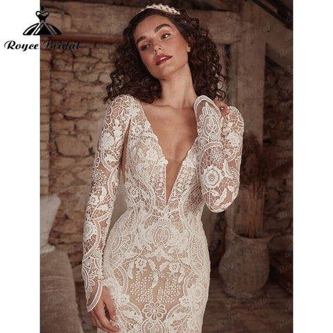 Vestido de noiva estilo sereia, estilo boho, estilo boémio, com camisola de alças amovível, manga comprida, renda, decote em V profundo, costas nuas, robe de mariée 2022