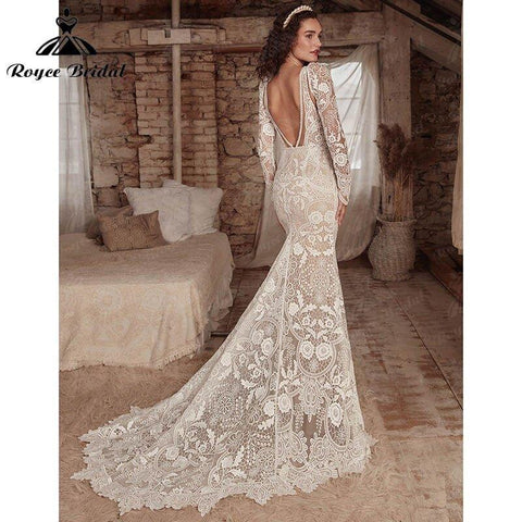 Vestido de noiva estilo sereia, estilo boho, estilo boémio, com camisola de alças amovível, manga comprida, renda, decote em V profundo, costas nuas, robe de mariée 2022