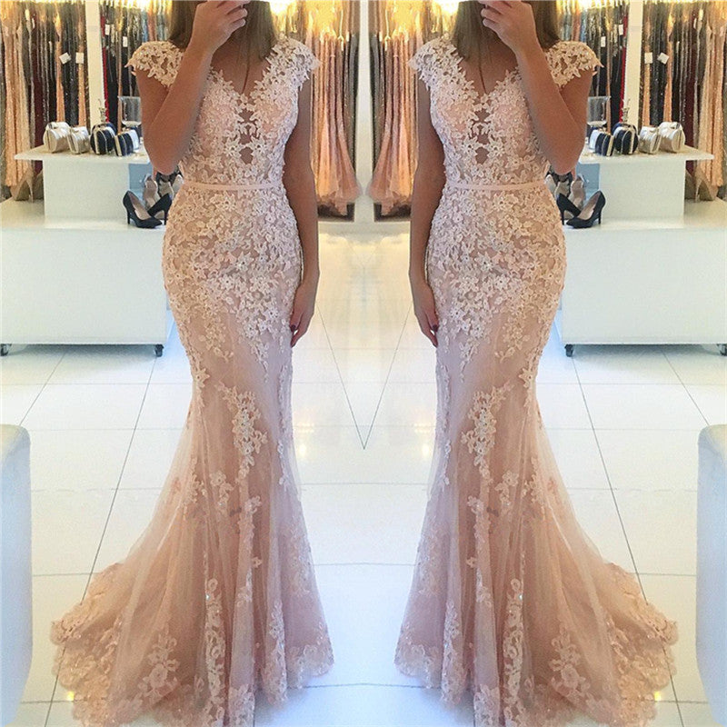 Long Sweetheart Mermaid Cap Sleeve Prom Dress with Appliques Lace