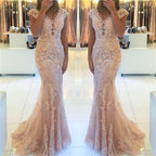 Long Sweetheart Mermaid Cap Sleeve Prom Dress with Appliques Lace