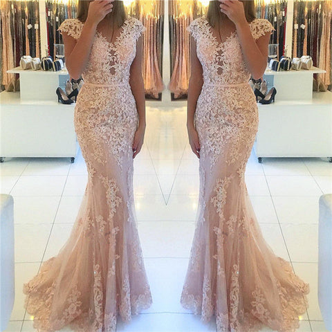 Long Sweetheart Mermaid Cap Sleeve Prom Dress with Appliques Lace