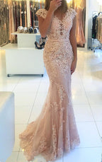 Long Sweetheart Mermaid Cap Sleeve Prom Dress with Appliques Lace
