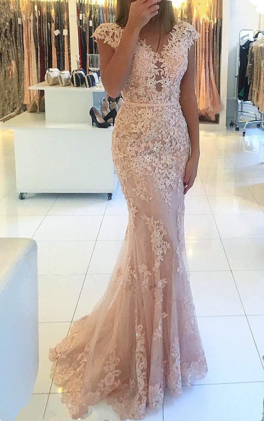 Long Sweetheart Mermaid Cap Sleeve Prom Dress with Appliques Lace