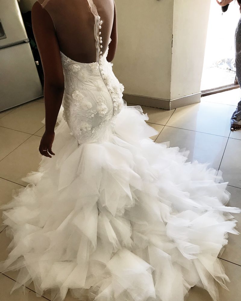 Nixen-Floral-Applikationen Rüschenloses Brautkleid mit durchsichtigem Tüll, rückenfrei, ärmellos