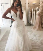 Nixen-Garten Brautkleid Hochzeitskleid V-Ausschnitt Träger Abnehmbare Schleppe