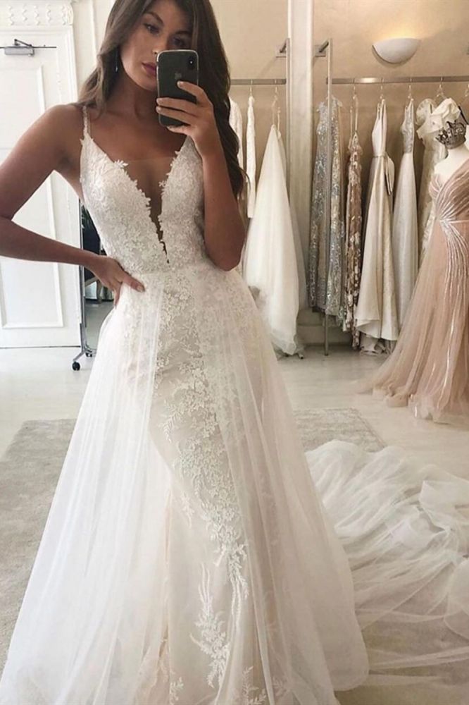Nixen-Garten Brautkleid Hochzeitskleid V-Ausschnitt Träger Abnehmbare Schleppe