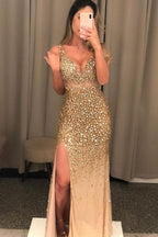 Meerjungfrau Gold Perlen Illusion V-Ausschnitt Partykleid Rückenfreies Langes Ballkleid PSK116