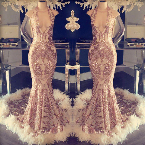 Mermaid Halter Open Back and Feather Detail Long Prom Dress