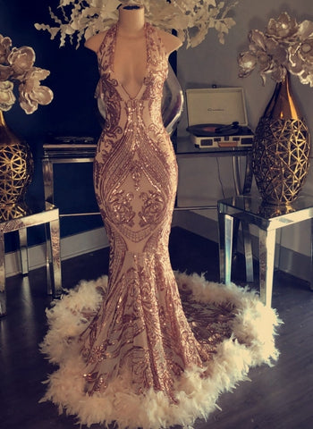 Mermaid Halter Open Back and Feather Detail Long Prom Dress