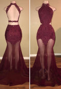 Robes de bal longues en tulle transparent avec applications de dentelle sirène et col haut bordeaux
