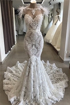 Meerjungfrau-Spitzen-Kristallkette Hochzeitskleid Brautmode mit Feder