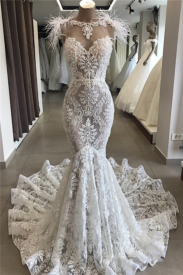 Meerjungfrau-Spitzen-Kristallkette Hochzeitskleid Brautmode mit Feder