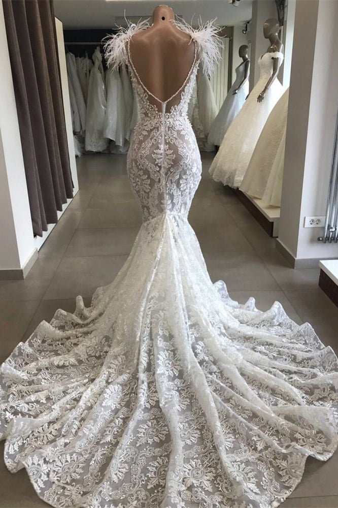 Meerjungfrau-Spitzen-Kristallkette Hochzeitskleid Brautmode mit Feder