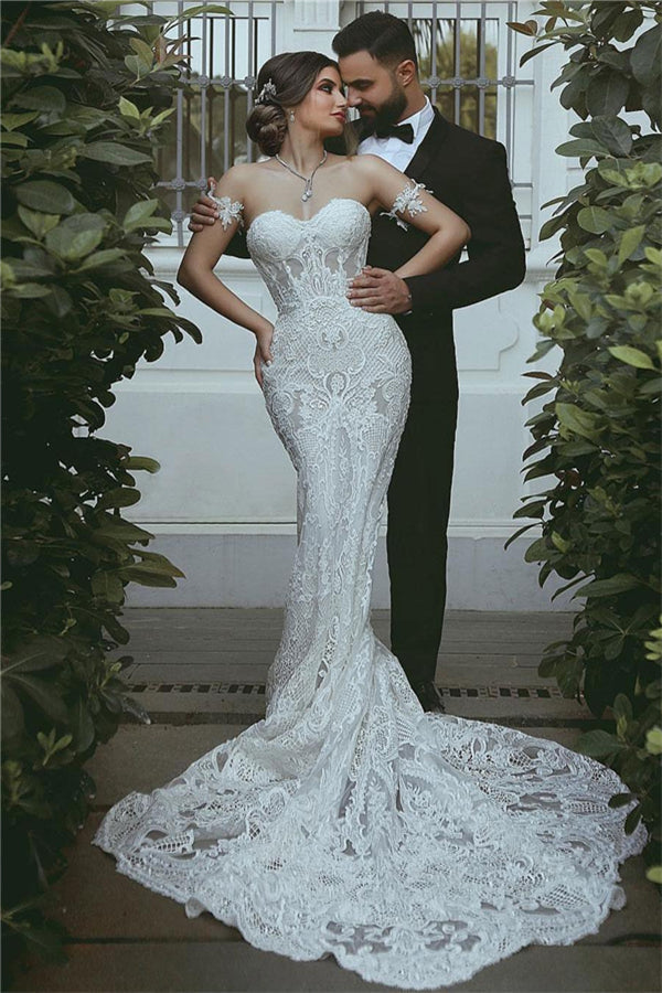 Nixen-Spitzen-Hochzeitskleid Schönes Herz-Ausschnitt Brautkleid mit Ärmel-Dekorationen