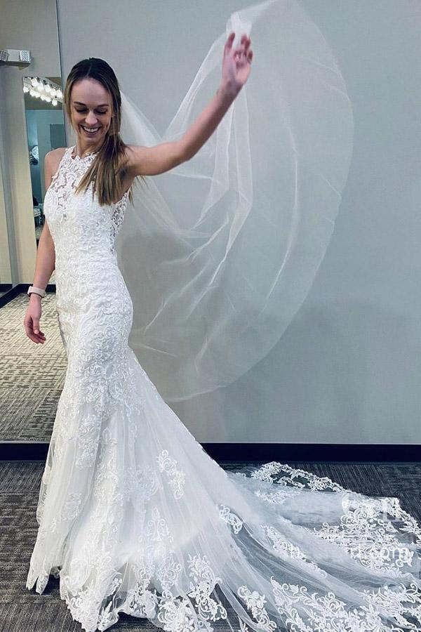 Nixen-Spitzen-Brautkleid mit halbkathedraler Schleppe und Rückenausschnitt