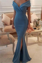 Mermaid Long Off the Shoulder Satin Evening Dress with Slit