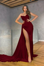 Mermaid Long Yellow Strapless Satin Formal Prom Dress with Split