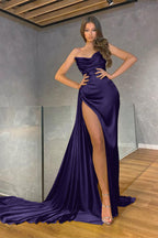 Mermaid Long Yellow Strapless Satin Formal Prom Dress with Split