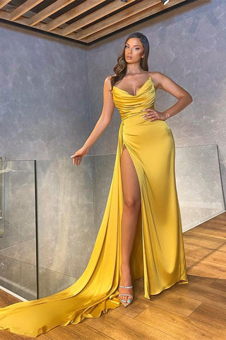 Mermaid Long Yellow Strapless Satin Formal Prom Dress with Split