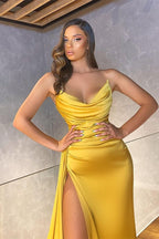 Mermaid Long Yellow Strapless Satin Formal Prom Dress with Split