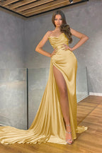 Mermaid Long Yellow Strapless Satin Formal Prom Dress with Split