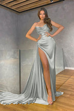 Mermaid Long Yellow Strapless Satin Formal Prom Dress with Split