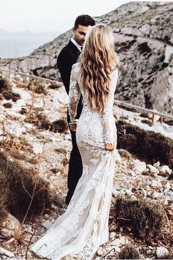 Nixenlangarm-Spitzen-Boho-Hochzeitskleid Rustikales Brautkleid