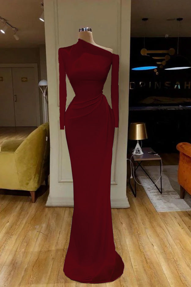 Burgundy Mermaid Long Sleeves Satin Evening Dresses