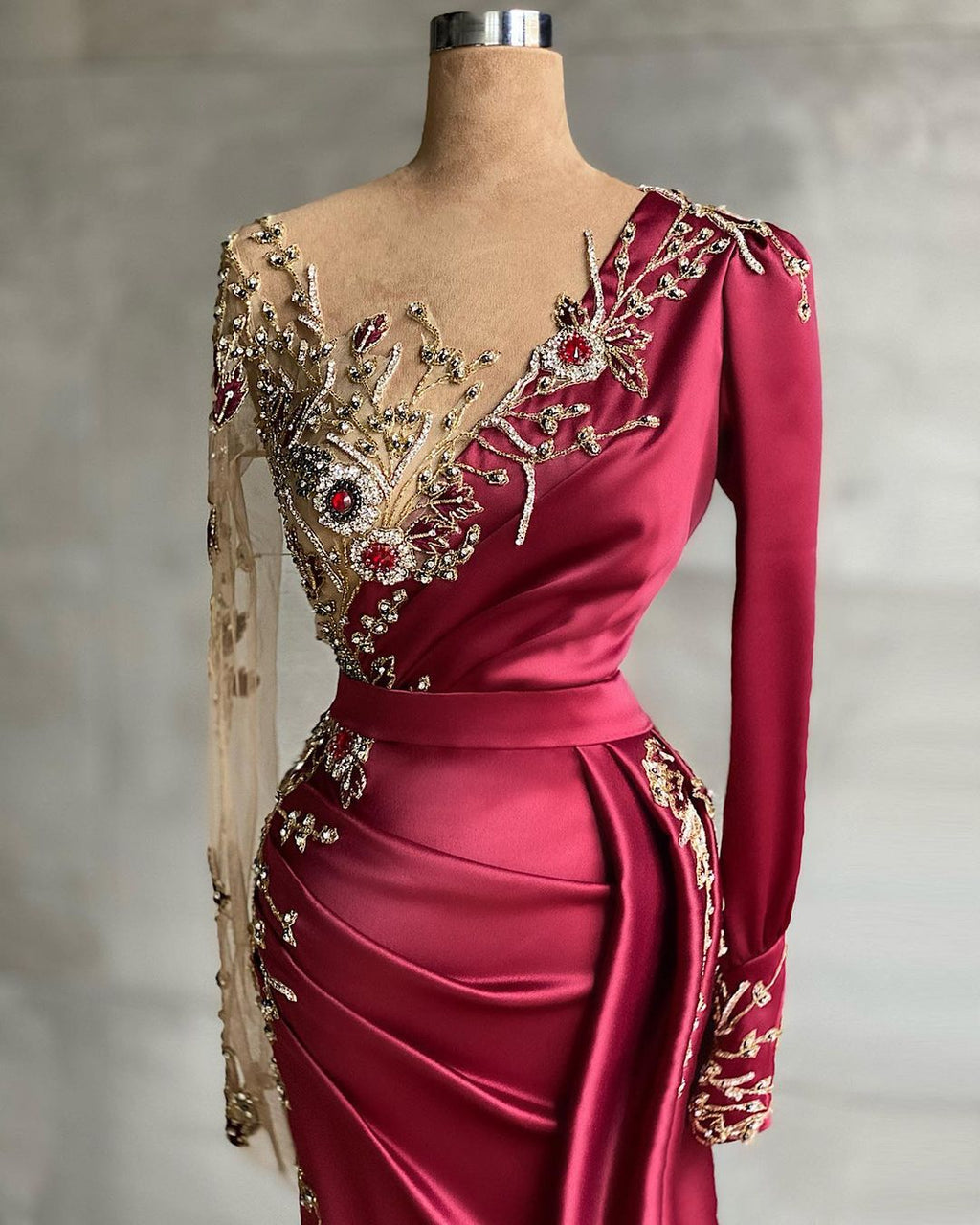 Mermaid Long V-neck Satin Burgundy Prom Dress with Sleeves